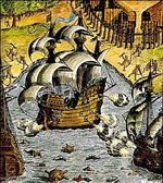Vespúcio chega à costa brasileira
Pintura de Theodore de Bry
